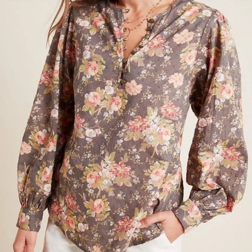 Anthropologie Floral Print Boho Long Sleeve Button Cottagecore‎ Blouse Size S